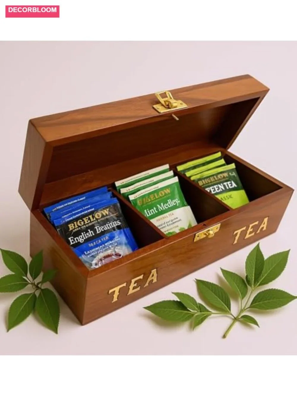 Handcrafted Rosewood Tea Box 3-Compartment Organizer with Brass Inlay